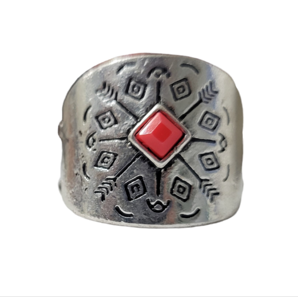 Silver Colored Ring With Redstone And Expandable Band 5$